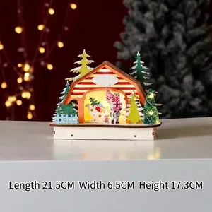 Luminous Christmas wooden LED cabin with gift sled and gnome, size 21.5x6.5x17.3cm