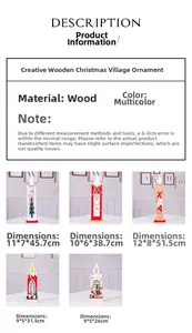 Size chart for wooden Christmas table ornaments showing multiple dimensions and styles