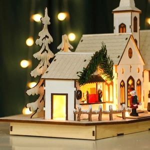 LED lighted Christmas wooden village house decor with laser cut winter forest scenery