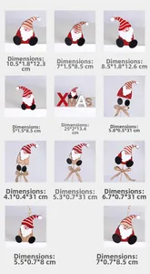 Detailed grid of wooden Christmas gnome ornaments with Xmas lettering and size dimensions