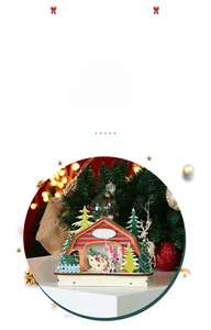 Detail of a Christmas wooden LED house featuring Santa, sled and tree micro landscape