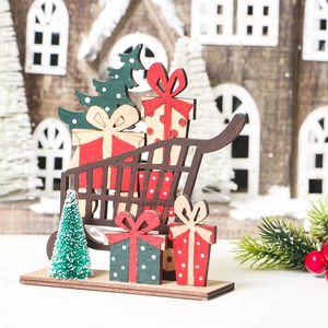 Wooden Christmas cart ornament with mini gift boxes and trees for festive desktop decor