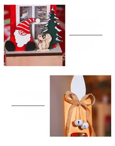 Close-up of hand-painted Christmas wooden base with Santa and white metal bells