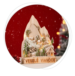 Macro detail of LED wooden Christmas decor with Santa sleigh silhouette and warm glow