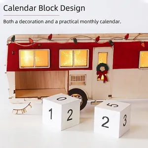 Christmas wooden bus calendar with LED lights and vintage camper style desktop ornament