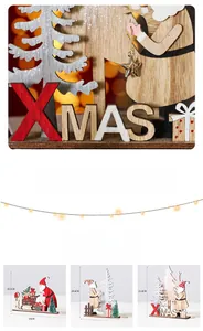 Detail showing hand-painted wooden Christmas Santa ornaments with XMAS letters and tree