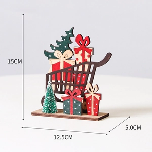 Detailed dimensions of wooden Christmas cart decor with trees and gift box ornaments