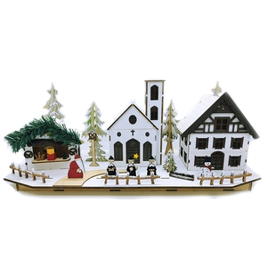 LED lighted Christmas wooden village scene with snow-capped houses and snowman figurine