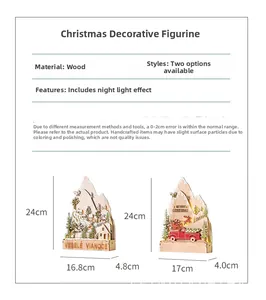 Detailed dimensions of LED wooden Christmas ornaments featuring forest and reindeer scenes