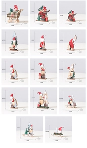 Detailed dimension chart for painted wooden Santa Claus ornaments and Christmas tree decor