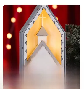 Macro view of light wood LED Christmas church decoration with warm X-mas lighting