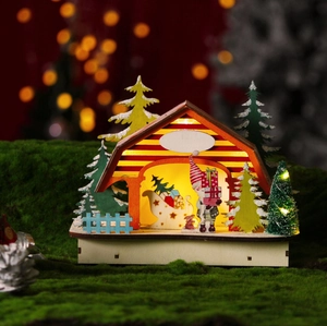 Christmas LED Glowing Wooden Cabin Ornament Laser Cut Village House With Gnomes And Sled Creative Desktop Home Decoration