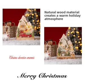 Detailed close-up of a wooden Christmas village ornament with warm LED lighting and laser cutouts