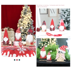 Detail of wooden Christmas gnomes with plaid patterns and faux fur beards for holiday decor