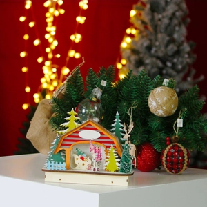 Luminous Christmas wooden house ornament with LED miniature winter scene for desktop