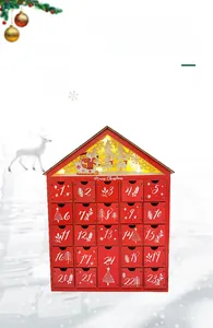 Detail of wooden Christmas advent calendar featuring LED lights and 24 storage drawers