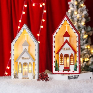 LED Glowing Wooden Christmas Church Reindeer Ornament Laser Cut Hollow Wood Desktop Decoration For Holiday Home Party