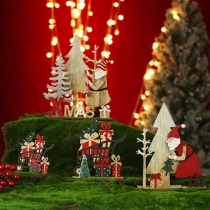 Wooden Christmas table decor set featuring Santa and Xmas tree on a festive background