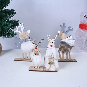 Detail of four handcrafted wooden reindeer ornaments with plush fur and bells for Christmas