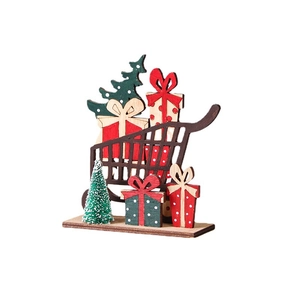 Creative Christmas wooden cart ornament with red gift boxes and green tree decor