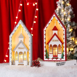 LED Lighted Christmas Wooden Church Ornament Painted Desktop Decoration Wooden House For Home Holiday Party Atmosphere Gift