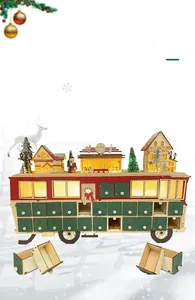 Macro detail of wooden Christmas bus advent calendar with LED lights and 24 drawers