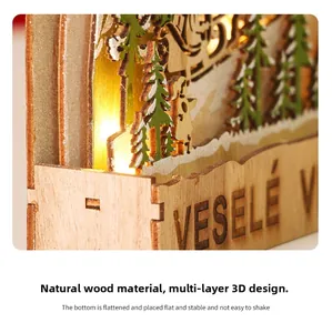 Macro view of layered wooden Christmas ornament with warm LED lights and cutout detail