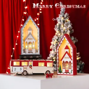 Christmas LED wooden church and bus calendar decoration with warm light glow