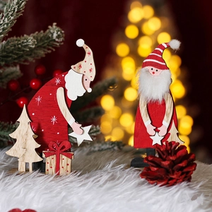 Hand-painted wooden Santa Claus tabletop ornaments with festive Christmas tree background
