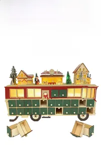 Detail of wooden Christmas advent calendar bus with LED lights and 24 drawers