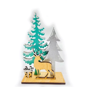 Handcrafted wooden Christmas tree ornaments with reindeer decor and gift box on wood base