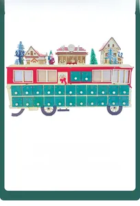 Detailed view of wooden Christmas advent calendar bus with 24 small countdown drawers