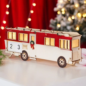 Christmas countdown wooden RV ornament with warm LED lights and digital calendar