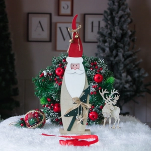 Figurine Père Noël en bois peint 41cm avec décor de sapin sur socle stable