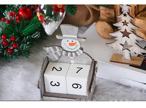 Detail of wooden snowman advent calendar with flip numbers on white faux fur surface