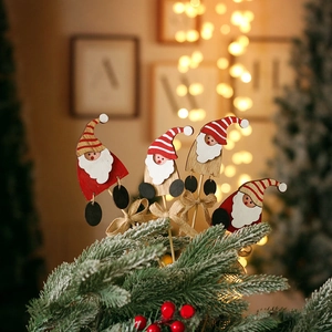 Set of 4 wooden Santa Claus tree picks with festive hand-painted details and jute bows