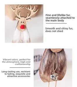 Detail of wooden Christmas reindeer with soft plush fur and a silver heart bell