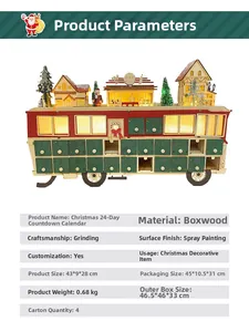 Detail view of wooden Christmas bus advent calendar with LED lights and 24 drawers