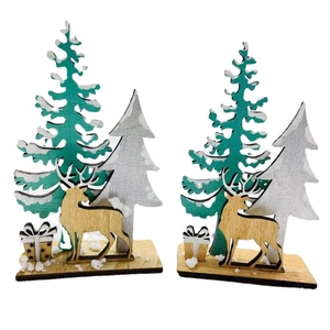 Handcrafted wooden Christmas tree and reindeer desk ornaments with stars and snow