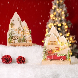 Lighted wooden mountain Christmas scene ornaments with LED village and truck designs