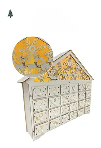 Detail of wooden 24-day advent calendar with LED lightbox and small drawer handles