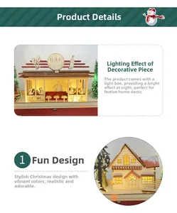 Detail of wooden Christmas advent calendar with lighted bar scene and miniature house