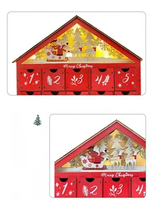 Close-up of wooden Christmas advent calendar drawers with laser-cut LED light decor