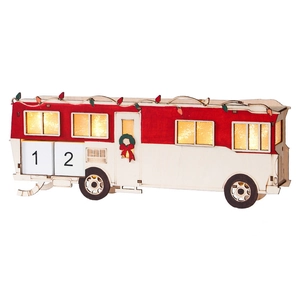 Wooden RV Christmas countdown calendar with warm lights and festive miniature decor