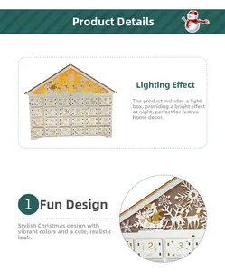 Detailed view of 24 drawers and LED backlit reindeer scene on wooden advent calendar