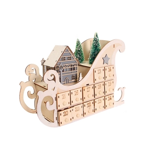 Wooden Christmas sleigh advent calendar with 24 small drawers and miniature snowy village