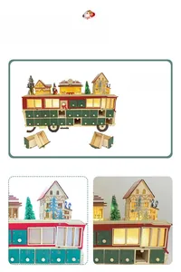 Macro detail of LED wooden Christmas bus calendar with drawers and miniature scenery