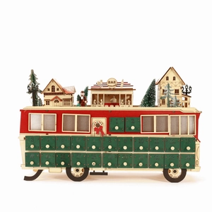 Wooden Christmas LED bus advent calendar with 24 drawers and festive miniature scene