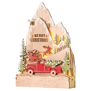 Lighted wooden Merry Christmas tabletop decor with 3D snow scene and red truck