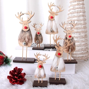 Nordic Christmas Wooden Reindeer Ornament With Artificial Fur Metal Pendant Red Nose Tabletop Holiday Party Home Decoration